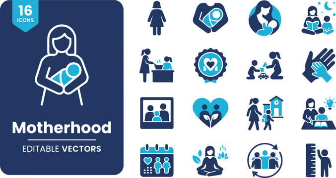 Motherhood Vector Icons Set &ndash; Mother and Baby Care, Breastfeeding, Parenting, Child Development & Family Bonding Line Art Elements