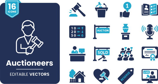 Auctioneers Vector Icons Set &ndash; Bidding Paddle, Gavel, Property Sales, Art Auction & Live Online Bidding Line Art Elements
