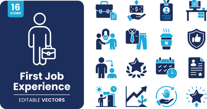 First Job Experience Vector Icons Set &ndash; Career Start, Onboarding, Employment & Business Line Art Elements