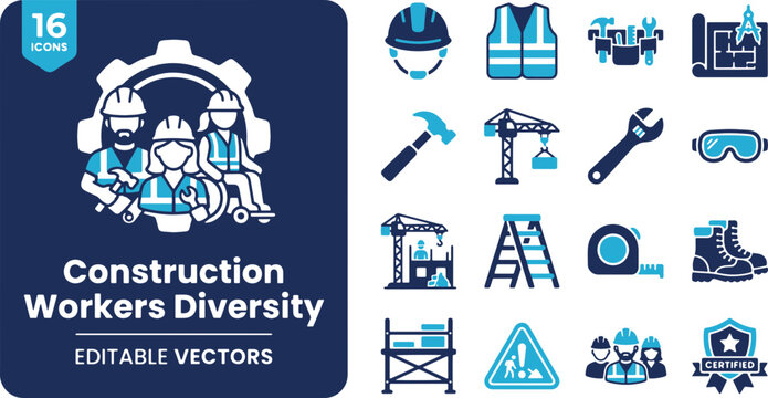 Construction Workers Diversity Vector Icons Set &ndash; Building Tools, Safety Gear, Blueprint & Contractor Line Art Elements