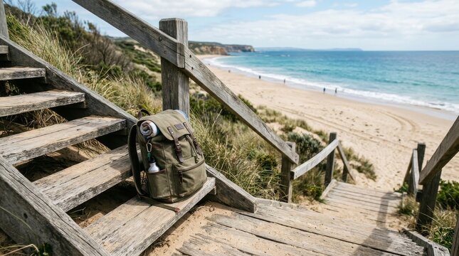 Planning an Enjoyable Holiday Without Overspending, Wooden stairs lead to a beach with a backpack resting on the steps, under a cloudy sky.