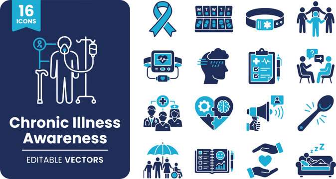 Chronic Illness Awareness Vector Icons Set &ndash; Healthcare, Medical Support, Patient Care & Disability Line Art Elements