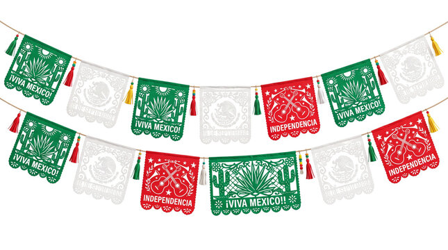Mexican papel picado banners, traditional Viva Mexico party bunting, green white and red festive paper flags for Independence Day