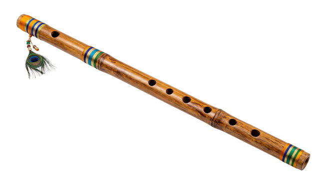 Traditional bamboo flute with peacock feather, handcrafted bansuri woodwind instrument, ethnic indian musical flute on white background