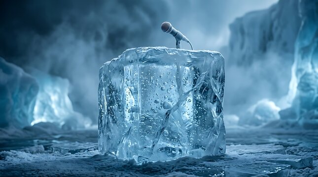 Microphone stands atop a large block of ice in a frigid environment.