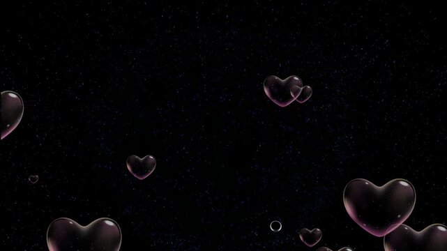 Hearts float upward in a dark atmosphere to symbolize romance, love, and affection in this digital composition designed for romantic celebrations and greeting card backgrounds with generous copy.