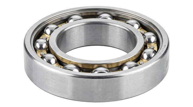 Steel ball bearing with brass cage reduces friction for heavy duty industrial machinery.