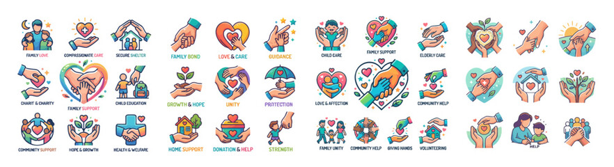 Fototapeta premium Colorful charity and care vector icon set with child and adult hands holding together for family support, vector isolated on white