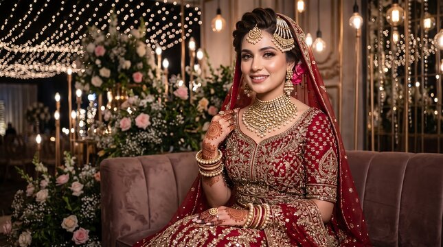 Indian bride in traditional red wedding dress. Elegant woman in bridal jewelry.