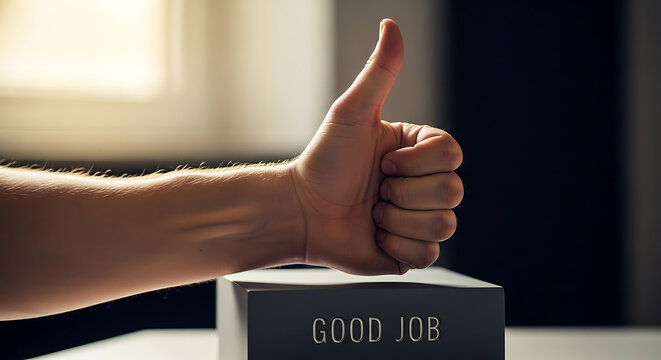 A close up hand showing a thumbs up gesture for a good job providing positive feedback for success and professional approval