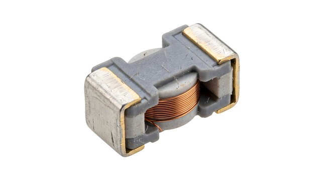 Electronic inductor coil with copper wire and grey casing for circuitry and components.
