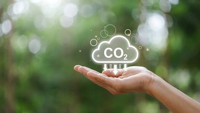 Hand holding CO2 emission icon against green blurred nature background for carbon reduction net zero concept
