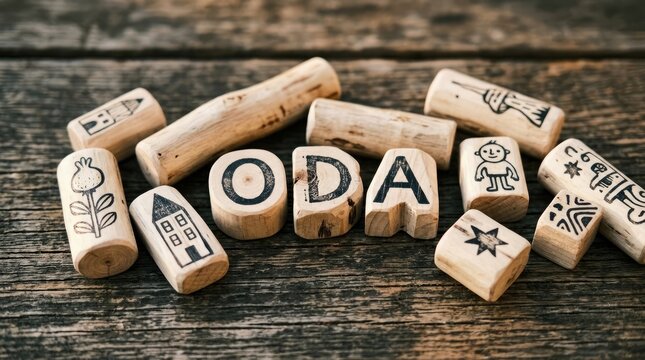 Rustic wooden blocks with hand-drawn illustrations and letters spelling ODA, vintage toy collection on weathered timber, creative educational play concept