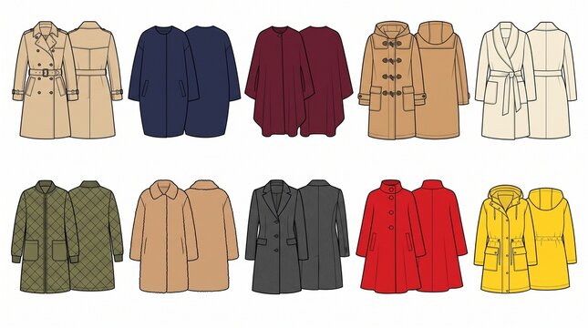 A grid of ten flat vector illustrations showcasing diverse women's coat styles, each with front and back views.