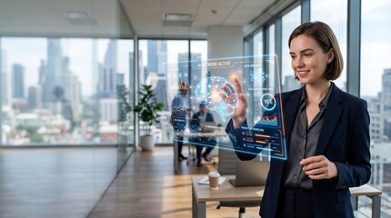 Fototapeta premium Female executive analyzing virtual data interface in a smart office environment, showing modern business technology and digital innovation.