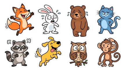 Fototapeta premium a collection of eight friendly cartoon animals with distinct expressions arranged on a white background.