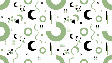 Abstract geometric pattern featuring circles crescents lines and dots in green and black on white background. © pixel*