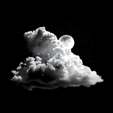 Realistic White Cumulus Cloud with Glowing Moon in Dark Sky
