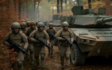 Fototapeta premium Heavily armed soldiers patrolling through a dense autumn forest alongside massive green armored military tanks during a tactical mission while maintaining strict formation under soft natural light in 