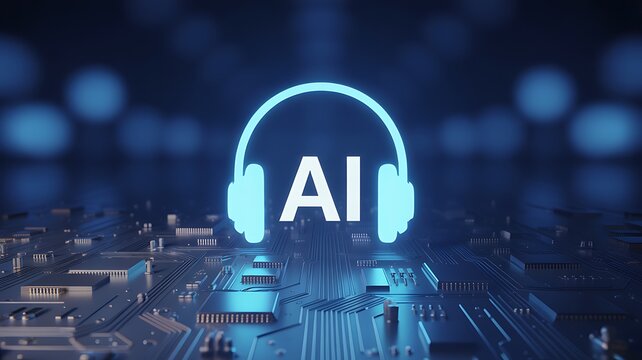 Artificial intelligence audio technology concept with glowing headphone icon on digital circuit board