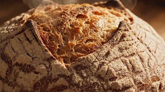 Detailed Close-up of a Freshly Baked Artisan Sourdough Bread Crust