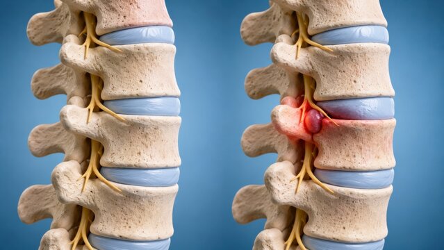 Healthy spinal column versus disc herniation causing nerve compression on blue professional background.