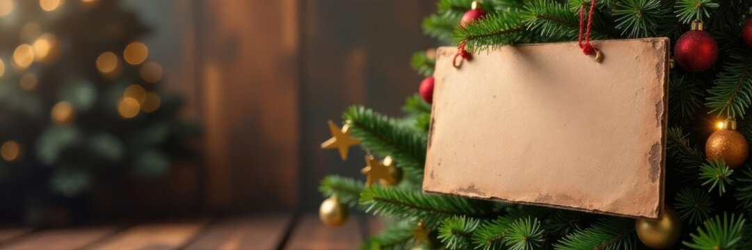 Vertical cardboard sign, festive Xmas tree backdrop, media, flyer