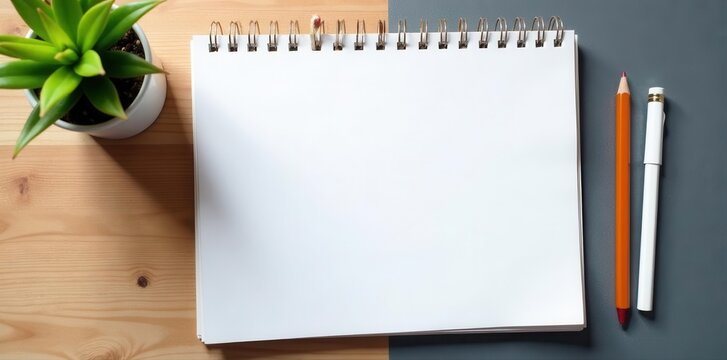 White notebook, pencil, flatlay, overhead view, design, simple, note