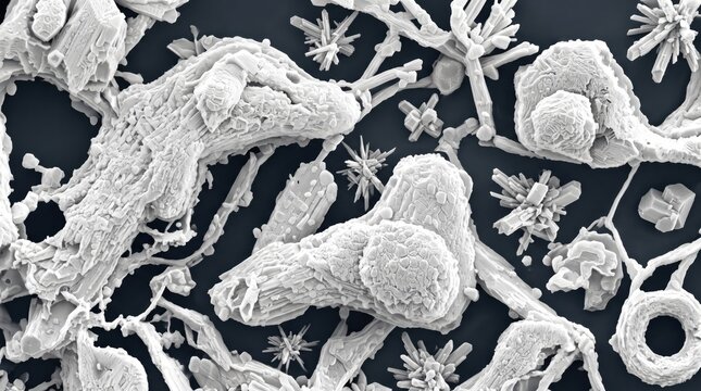 Scanning Electron Microscope SEM Image of Microscopic Mineral Crystals and Organic Structures
