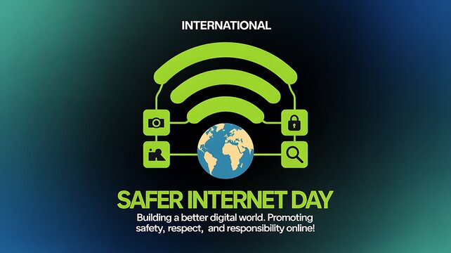 International Safer Internet Day poster design with wifi symbol, globe, and security network icons