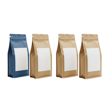Four brown paper bags displayed next to a blue container with white label