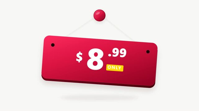 Sale Price Tag $8.99 Only - Red Hanging Promo Sign 3D Style, 4K Motion Graphics