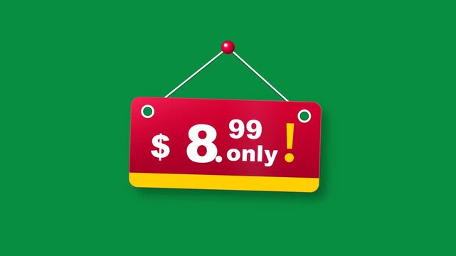 Sale Price Tag $8.99 Hanging on Green Background - Flat Design Promo Animation, 4K Loop