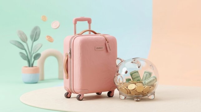 Planning an Enjoyable Holiday Without Overspending, Stylish suitcase next to a piggy bank with coins on a pastel background.