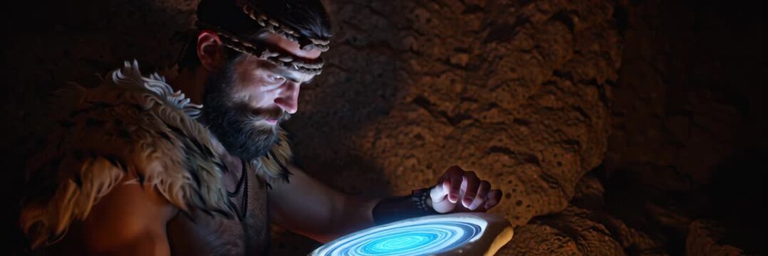 Prehistoric man using glowing digital interface inside cave, evolution concept for technology and innovation storytelling