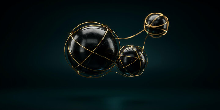 Abstract 3d spheres with interconnected golden wire frames on dark background