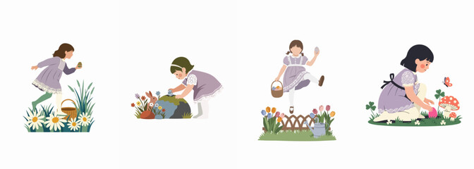 Fototapeta premium Set of four flat vector illustrations featuring young girls in purple dresses engaging in spring activities like flower picking, dancing, and gardening.