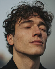 Fototapeta premium Young man with curly hair and eyes closed relaxing in soft natural daylight against blurred neutral background