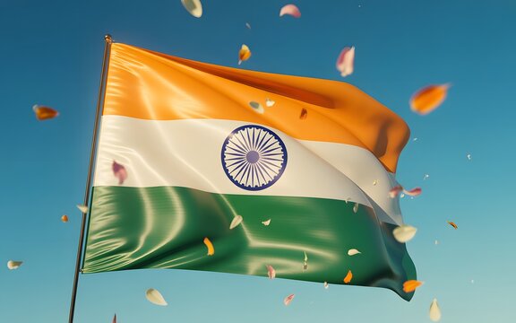 Indian national flag fluttering proudly against a clear blue sky with vibrant colorful flower petals falling gently to create a celebratory atmosphere of national pride for Independence Day national f