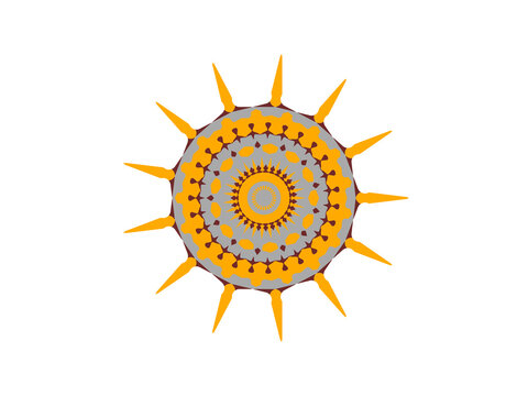 Round yellow and orange sun mandala emblem isolated on transparent background PNG for logo badge sticker and packaging design