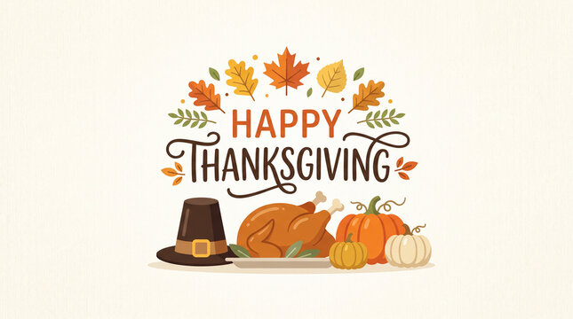 Minimalist Happy Thanksgiving graphic with turkey and pilgrim hat.