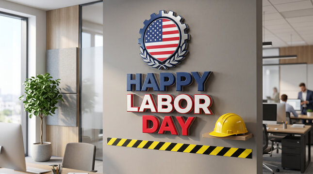 Modern office interior with Happy Labor Day 3D wall signage.