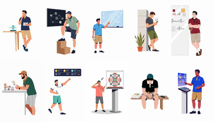 Fototapeta premium A collection of ten flat faceless character illustrations showing men in various modern work, technology, and learning settings on a white background.