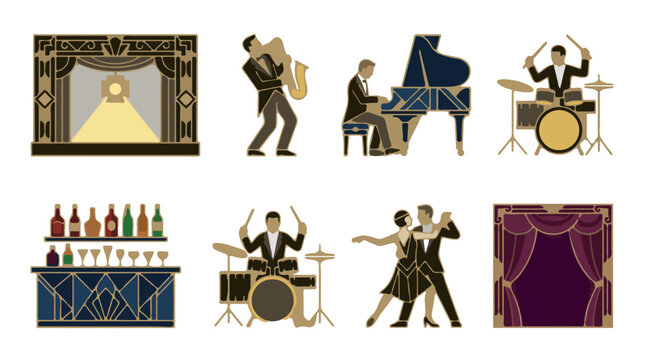 Art Deco Stage Icons: Saxophonist, Pianist, Drummer, Bar, Dancing Couple, and Theatre Curtains, Stylized Flat Vector Graphics