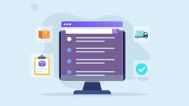 Modern flat vector animation of a desktop task management interface with checklist, document, delivery, and confirmation elements for business workflow and productivity concepts.
