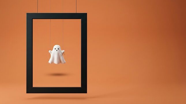 A charming halloween scene featuring a playful ghost framed within a dark rectangular border set against an orange backdrop