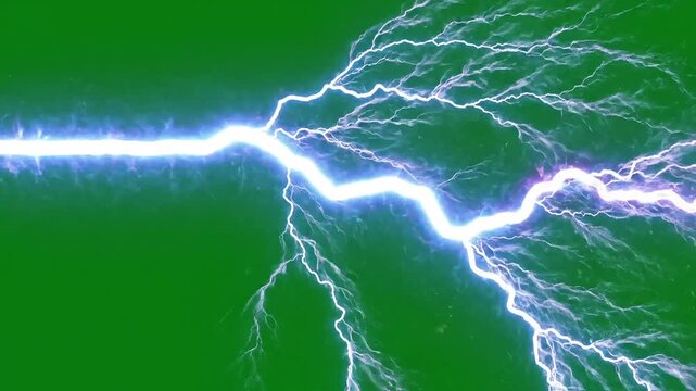 Vivid blue lightning bolt crackling across a vibrant green background, symbolizing powerful energy and natural forces.