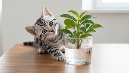 Naklejka premium Animal - Curious silver tabby kitten peeking beside a plant in a glass of water