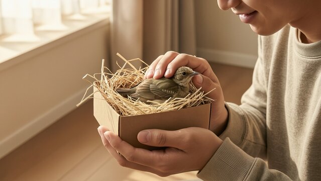 Animal - A young Asian man caring for a rescued baby bird in a nest inside a small box at home