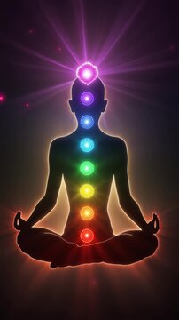 Seven Chakras Glowing on Meditating Silhouette for Chakra Meditation and Energy Healing